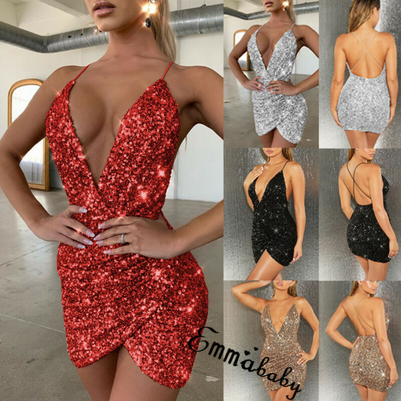 Women&#39;s Spaghetti Strap Deep V Neck Sequins Glitter Short Dress Sparkly Bodycon Evening Party Club Wear Dress - Executive-Skincare