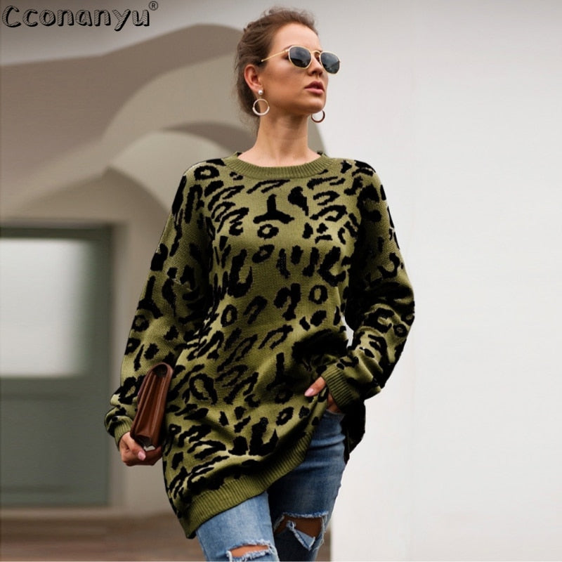 2019 Autumn winter clothing ladies long sweater fashion womens loose pullovers and sweaters leopard print knitted sweater - Executive-Skincare