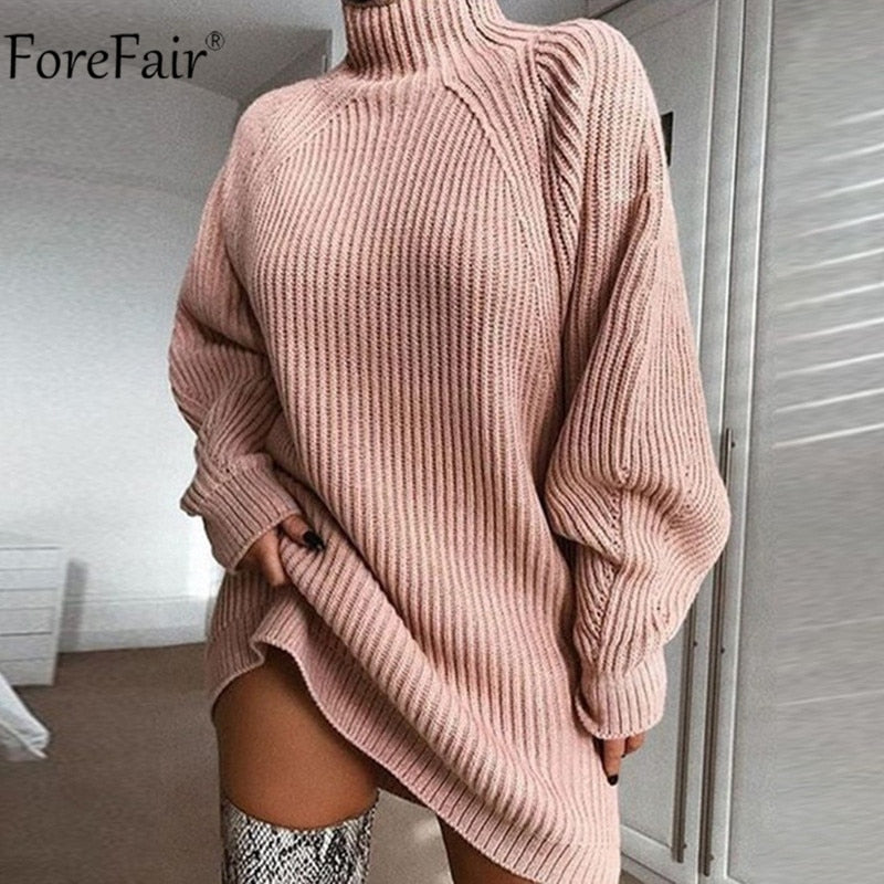 Forefair Turtleneck Long Sleeve Sweater Dress Women Autumn Winter Loose Tunic Knitted Casual Pink Gray Clothes Solid Dresses - Executive-Skincare