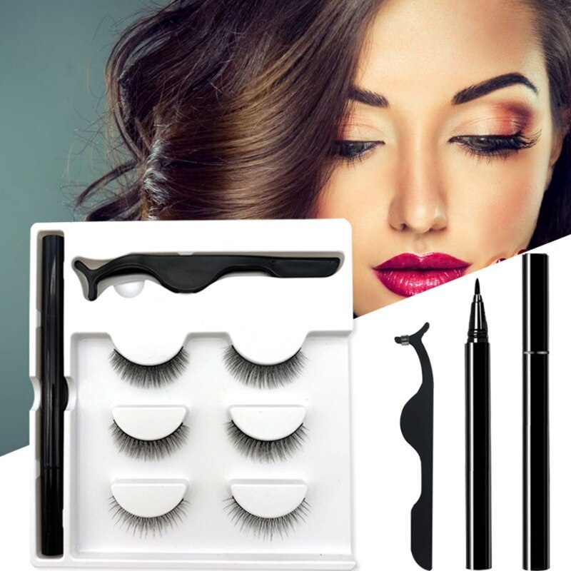 3 Pairs Magic False Eyelash Set With No Glue No Magnet Magic Eyeliner Magnetic Eyelashes Set Lashes Kit Makeup Tools - Executive-Skincare