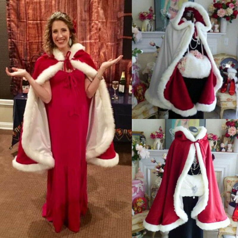 Christmas Costume For Adult Kids Women Hooded Christmas Cloak Mrs Santa Claus Velvet Fur Cloak Capa Red Cloak Cape Party Cosplay - Executive-Skincare