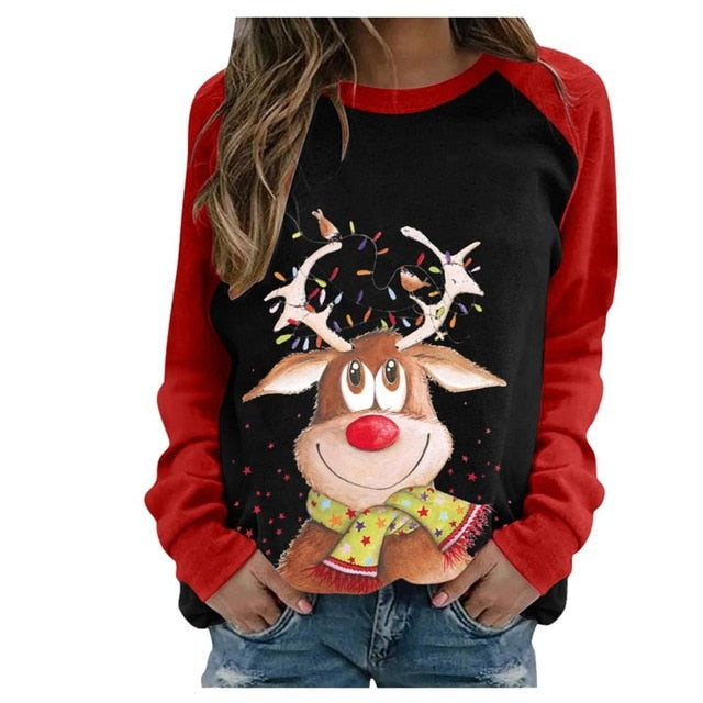 Funny Cute Elk Printing Long Sleeve Christmas Women T Shirt Harajuku S-2xl Cotton Woman Tshirts Graphic Aesthetic Shirt Female - Executive-Skincare