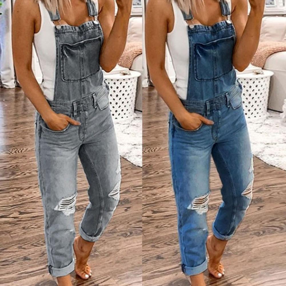 Women&#39;s Jumpsuit Solid Color Slim Dungarees Women Sleeveless Pockets Ripped Holes Suspender Trousers Summer Casual Overalls 2021 - Executive Quality Store