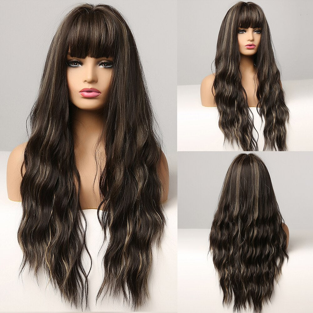 GEMMA Long Wavy Wigs with Bangs Black Brown Ombre Synthetic Heat Resistant Wigs For Women Girls Cosplay Party Daily False Hair - Executive-Skincare