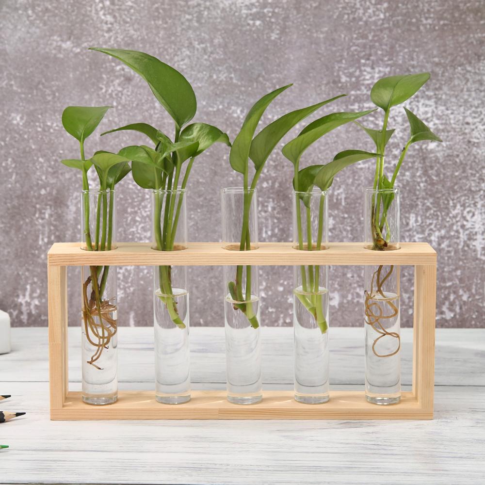 Glass and Wood Vase Planter Terrarium Table Desktop Hydroponics Plant Bonsai Flower Pot Hanging Pots with Wooden Tray Home Decor - Executive-Skincare