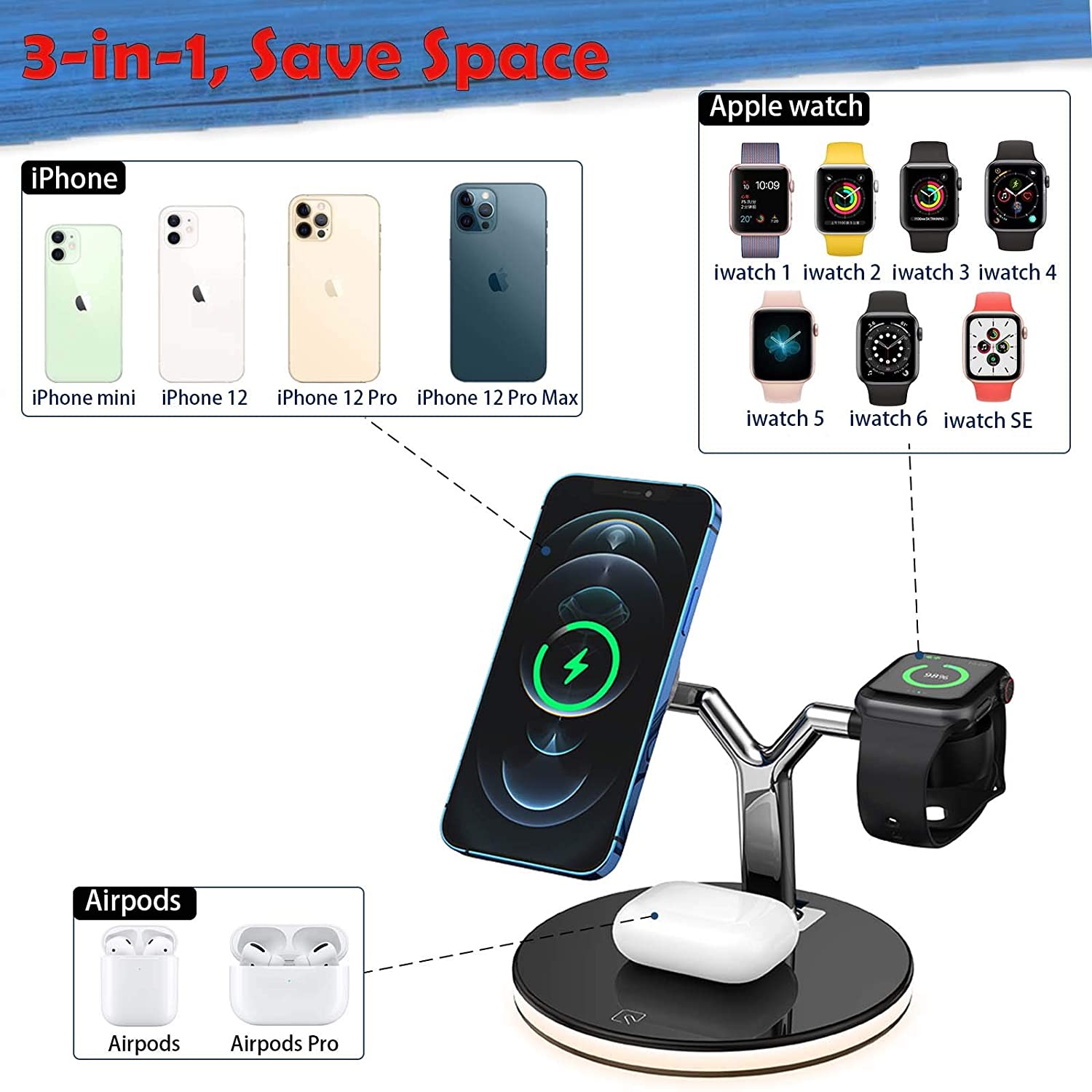 25W 3 in 1 Magnet Qi Fast Wireless Charger For Iphone 12 Mini Pro MAX Charging Station For Apple Watch 6 5 4 3 2 1 AirPods Pro - Executive-Skincare