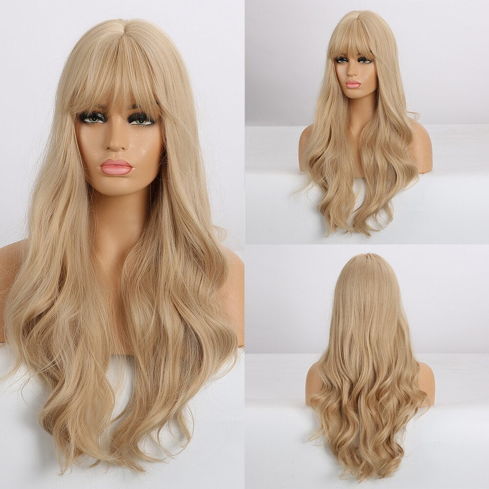 GEMMA Long Wavy Wigs with Bangs Black Brown Ombre Synthetic Heat Resistant Wigs For Women Girls Cosplay Party Daily False Hair - Executive-Skincare