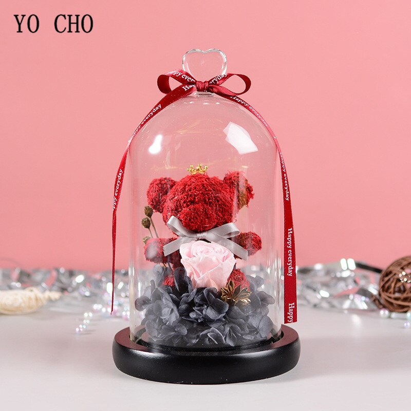 YO CHO Eternal Real Rose Moss Teddy Bear in Glass Dome Valentines Gift LED Light Immortal Rose Preserved Flower Birthday Gift - Executive-Skincare