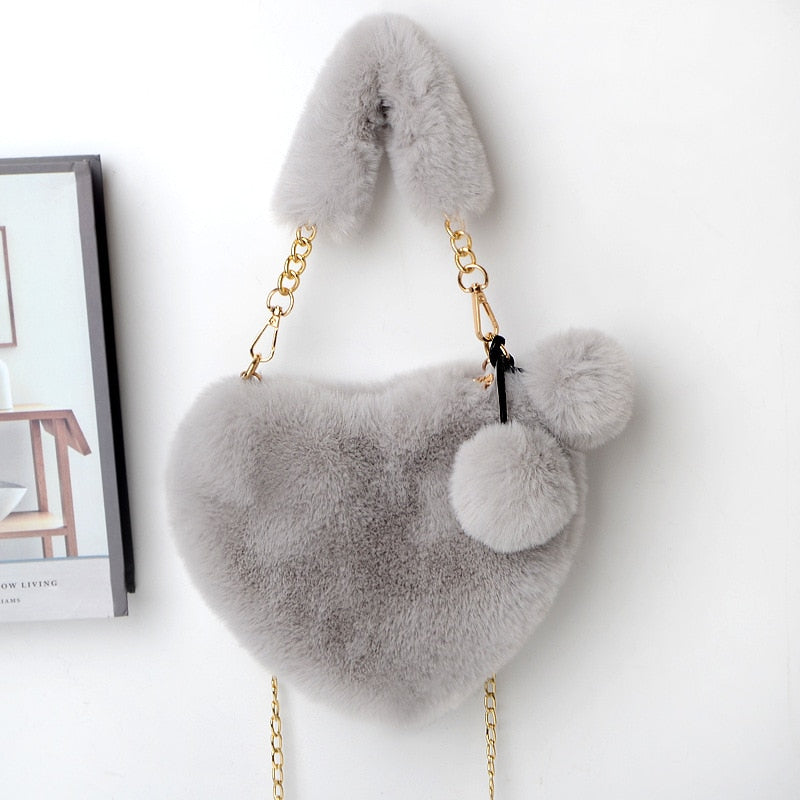 2021 Faux Fur Women Handbags Heart Shaped Shoulder Bag Female Clutch Purse Chain Messenger Bag Plush Shoulder Crossbody Bag - Executive-Skincare