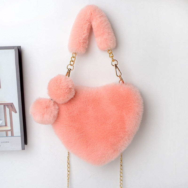 2021 Faux Fur Women Handbags Heart Shaped Shoulder Bag Female Clutch Purse Chain Messenger Bag Plush Shoulder Crossbody Bag - Executive-Skincare