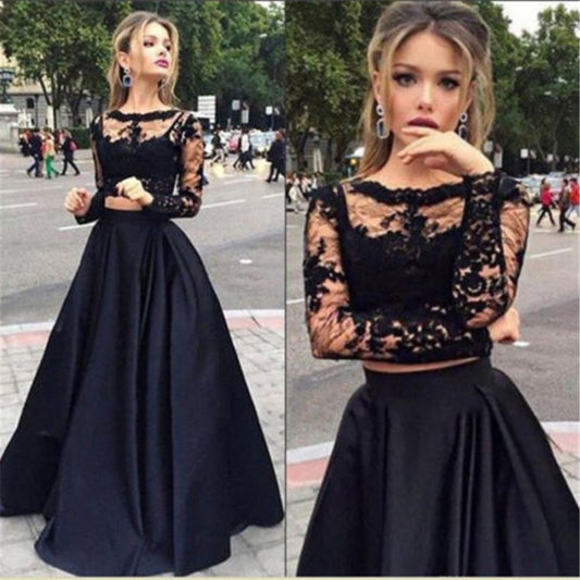 Black Chiffon Long Maxi Lace Dresses Womens Elegant Ladies Long Sleeve Hollow Out Evening Party Dresses Vestidos - Executive-Skincare