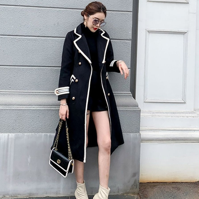 Korean Fashion Wool Coat Women Autumn Winter Thick Warm V-Neck Belt Long Overcoat Office Lady Elegant Slim High Quality Outwear - Executive-Skincare