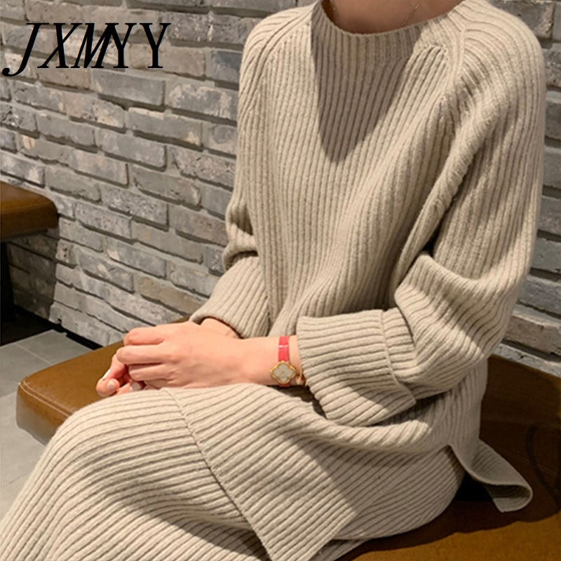 JXMYY 2022 New Fashion Winter Women&#39;s Thicken Warm Knitted Pullover Sweater Two-Piece Suits +High Waist Loose Wide Leg Pants Set - Executive-Skincare