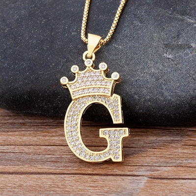 Nidin New Luxury Copper Zircon A-Z Crown Alphabet Pendant Chain Necklace Hip-Hop Style Fashion Woman Man Initial Name Jewelry - Executive-Skincare