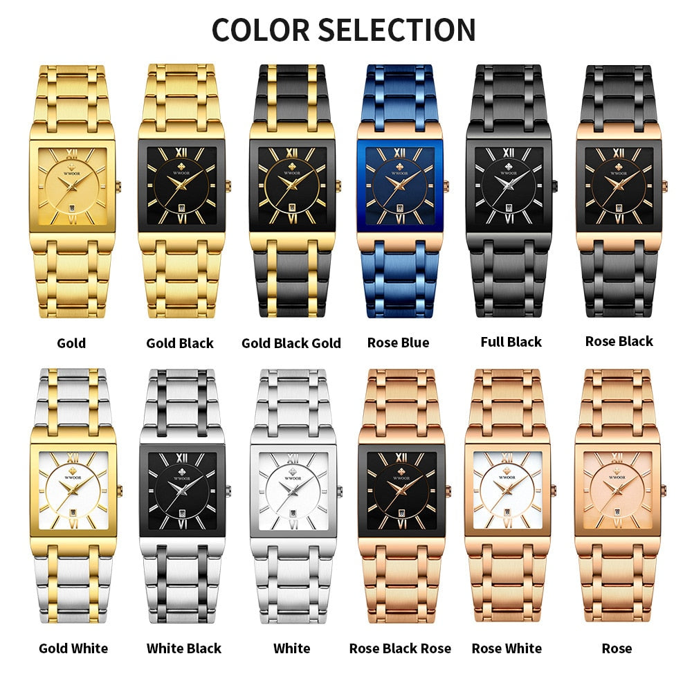 Relogio Masculino WWOOR Gold Watch Men Square Mens Watches Top Brand Luxury Golden Quartz Stainless Steel Waterproof Wrist Watch - Executive-Skincare