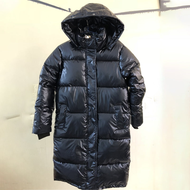 women X-long oversize blue down jackets thick casual with fur epaulet 2021 winter female down coats hooded solid piumini donna - Executive-Skincare