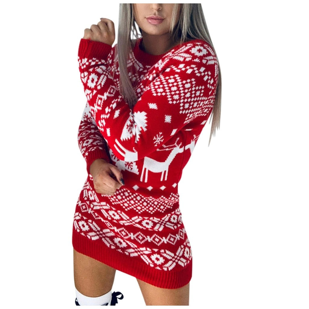 Christmas Knitted Mini Dress Women O Neck Elk Snowflake Print Xmas Dresses For Women Pullover Winter Warm Party Dresses F - Executive-Skincare