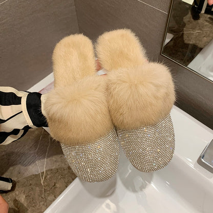 Big Size Slippers Female Ladies Designer Shoes Women Luxury 2023 Rhinestone Fur Crystal Slides Mules Slippers Furry Lady Shoes - Executive-Skincare