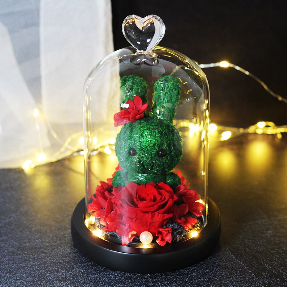 The Beautiful and the Beast Teddy Bear Rose Decor Natural Dried Flowers In Glass Dome LED Mother&#39;s Valentine&#39;s Day Wedding Gift - Executive-Skincare