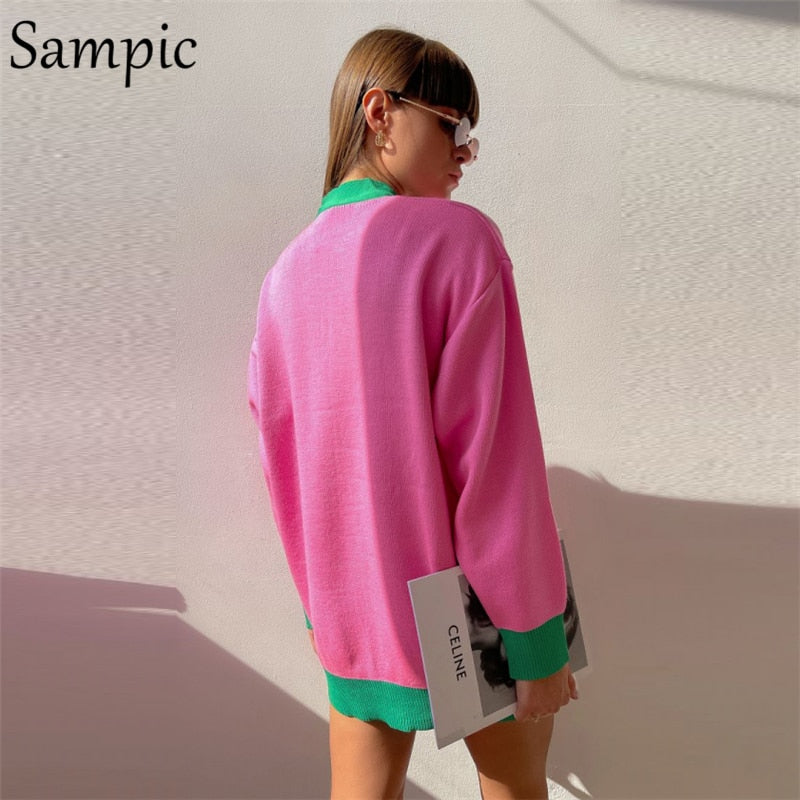 Sampic Loose Patchwork Knitwear Winter 2021 Women Cardigans Tops Oversized Long Sleeve Y2K V Neck Sweater Casual Fashion Tops - Executive-Skincare