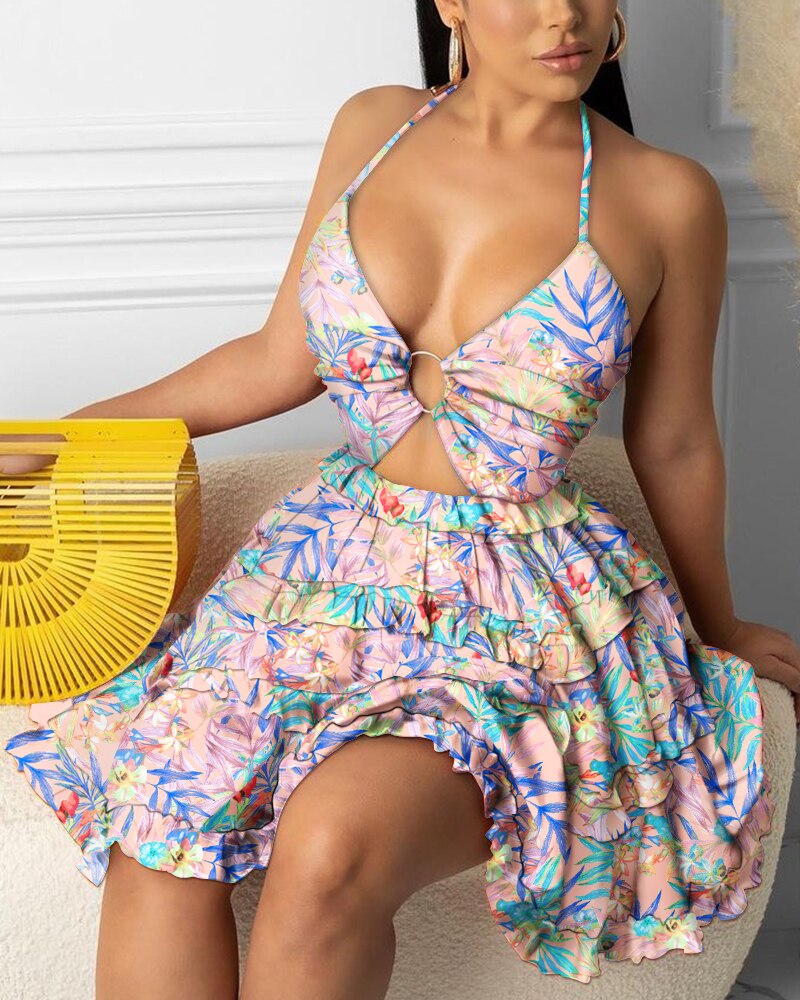 Fashion Women Sexy Backless Halter Geo Print Mini Dress Beach Dresses O-ring Cut-out Backless Frill Hem Summer Short Dresses - Executive-Skincare