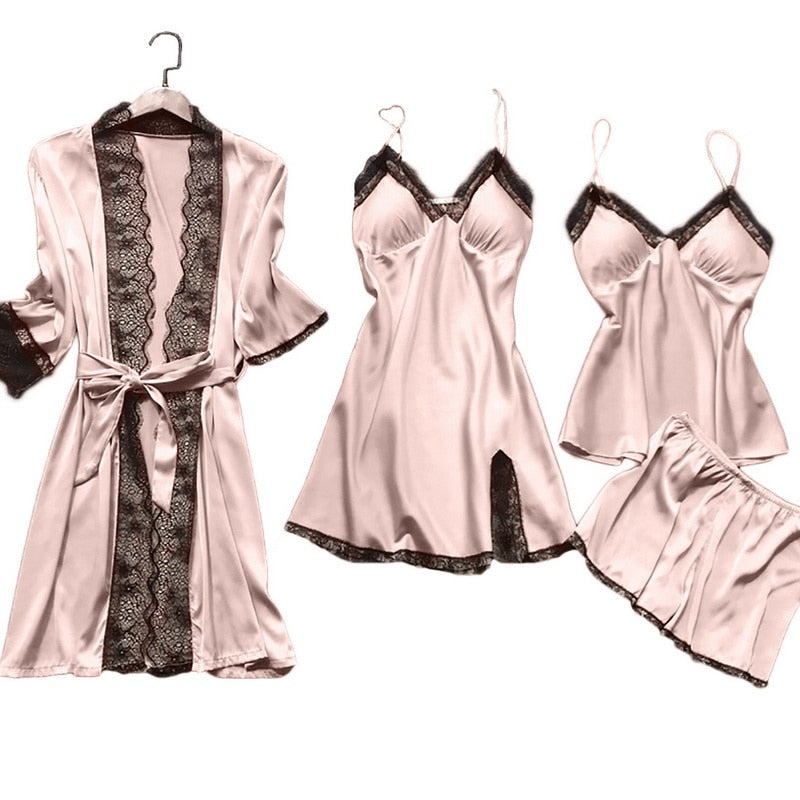 5pcs Silk Robe Set Women Lace Pajamas Gown Set V-Neck Nighties Wear Home Nightwear Pijama Sleepsuit Spring Nightdress