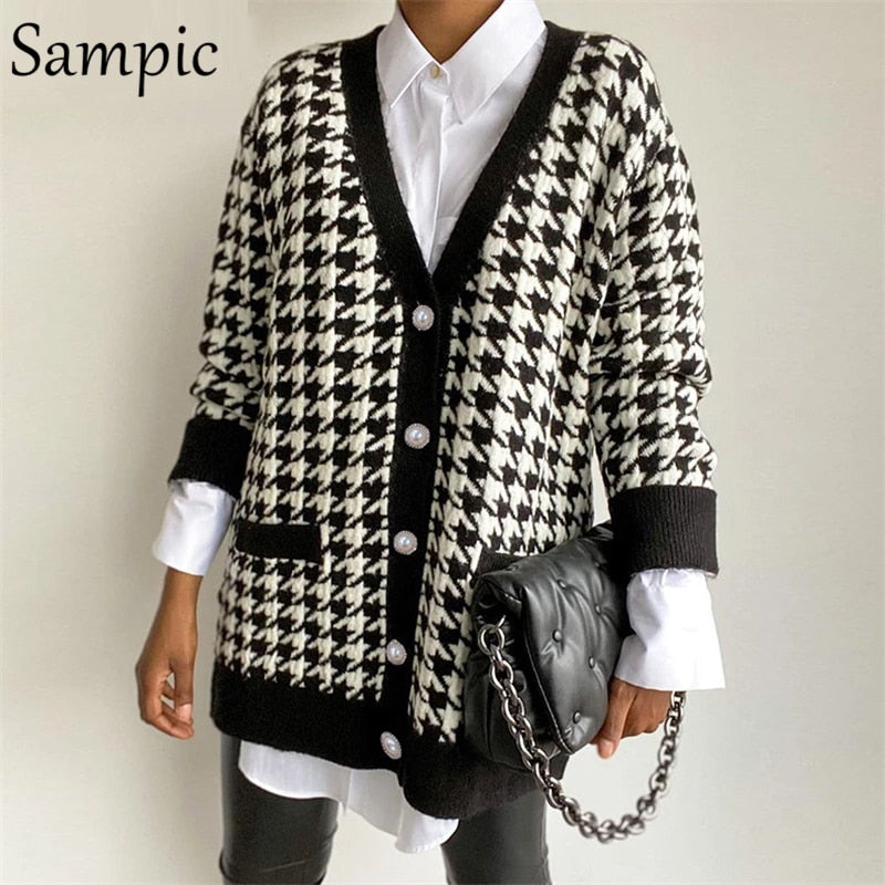 Sampic Loose Patchwork Knitwear Winter 2021 Women Cardigans Tops Oversized Long Sleeve Y2K V Neck Sweater Casual Fashion Tops - Executive-Skincare