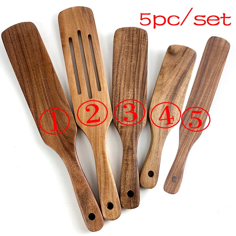 7pcs/set Teak Natural Wood Tableware Spoon Ladle Turner Rice Colander Soup Skimmer Cooking Spoon Scoop Kitchen Reusable Tool Kit - Executive-Skincare