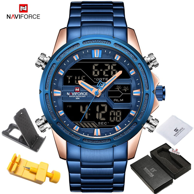 NAVIFORCE Watches for Men Luxury Brand Digital Chronograph Sport Quartz Wristwatch Waterproof Military Steel Band Luminous Clock - Executive-Skincare