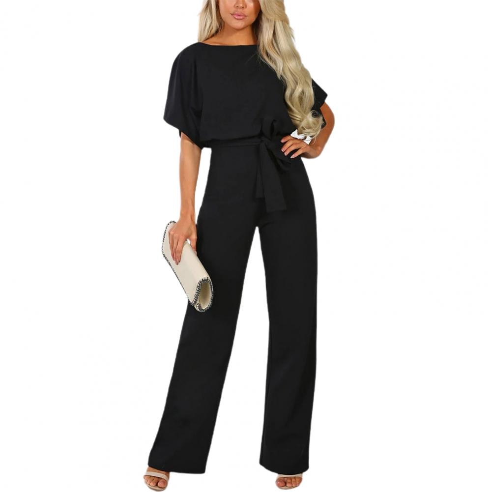 Jumpsuit Lace Up High Waist Elegant Women Solid Color Straight Leg Romper Fashion Short-sleeved Round Neck Jumpsuit for Dating - Executive Quality Store