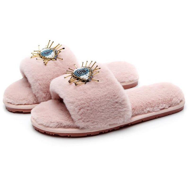 Big Eyes Decoration Fur Slippers Women Flats Winter Home Cotton Slippers Femme Rhinestone Eye Plush Flip Flops Women Shoes s655 - Executive-Skincare