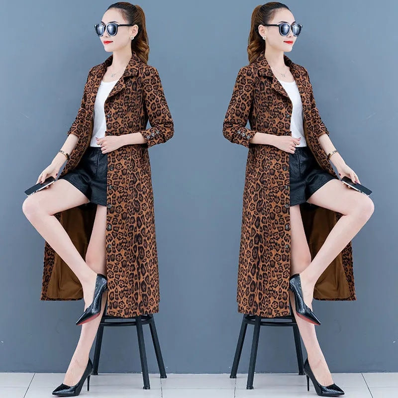 Mid-length Windbreaker Coat Women Spring Autumn Jacket New 2022 Fashion Leopard Lined Outerwear Female Casual Top Overcoat - Executive-Skincare