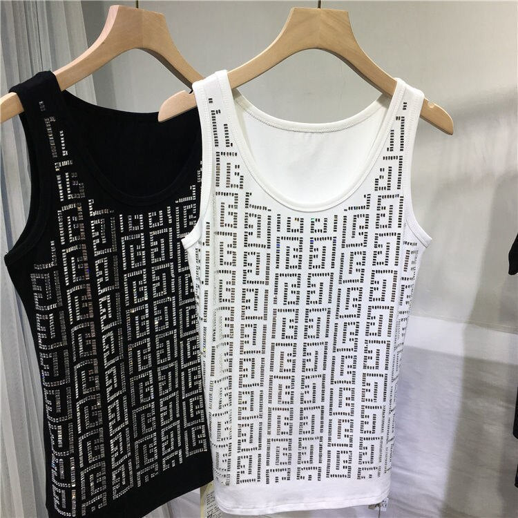 Heavy Industry Hot Drill Large Vest Women Geometric Letters Black Top - Executive-Skincare