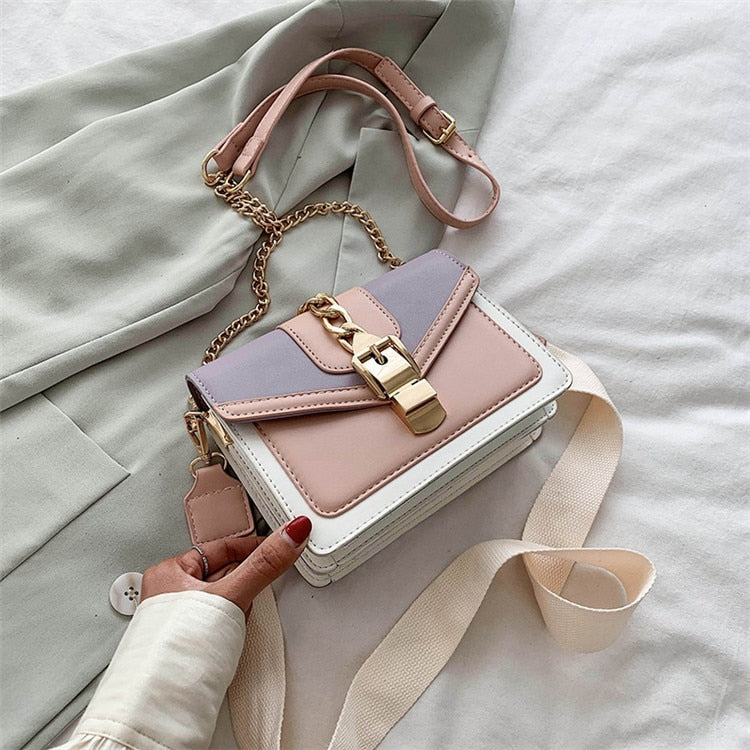 Fashion chain lady Sling bag Panelled color PU Leather Crossbody Bag For Women 2022 new Wide strap Shoulder Messenger Bag Ladies - Executive-Skincare