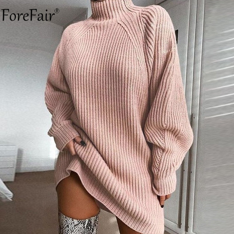 Forefair Turtleneck Long Sleeve Sweater Dress Women Autumn Winter Loose Tunic Knitted Casual Pink Gray Clothes Solid Dresses - Executive-Skincare