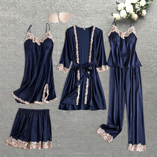 5pcs Silk Robe Set Women Lace Pajamas Gown Set V-Neck Nighties Wear Home Nightwear Pijama Sleepsuit Spring Nightdress