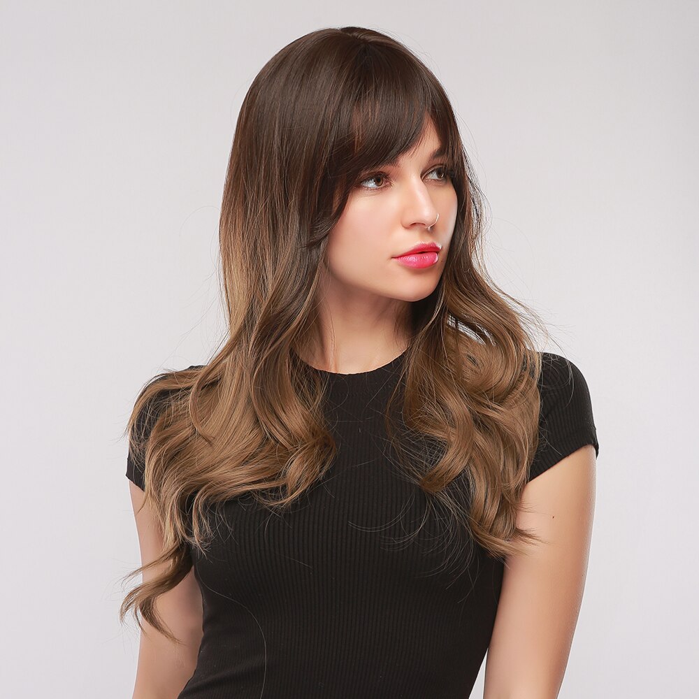 GEMMA Long Wavy Wigs with Bangs Black Brown Ombre Synthetic Heat Resistant Wigs For Women Girls Cosplay Party Daily False Hair - Executive-Skincare