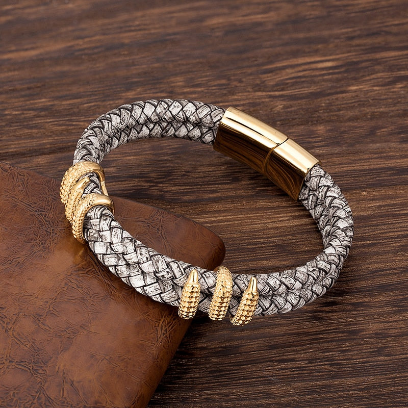 Fashion Men Bracelet Stainless Steel Handmade Rope  Bangles Gray Vintage Leather Gold Dragon Claw Punk Jewelry Gift Accessories - Executive-Skincare