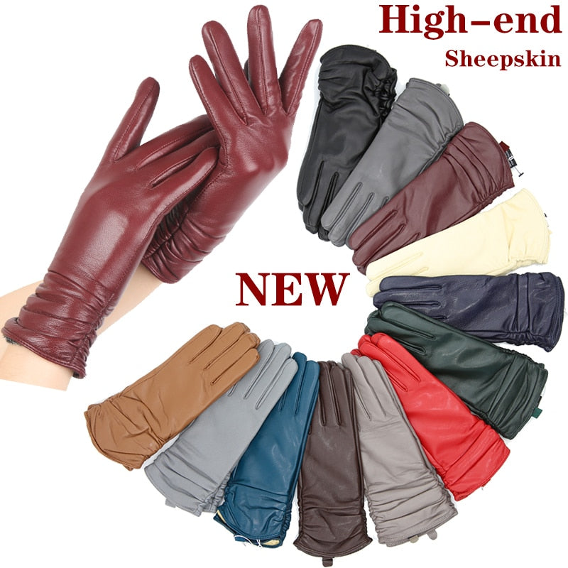 Classic pleated leather gloves women color real leather gloves women sheepskin Genuine Leather winter gloves women-2081 - Executive-Skincare