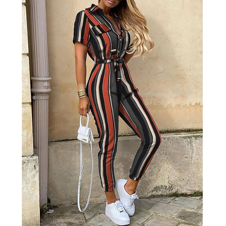 Fashion Women Jumpsuit Solid Color Summer Casual Lapel Printed Belt Work Overalls Ladies New Hot Selling Button Long Jumpsuit - Executive Quality Store