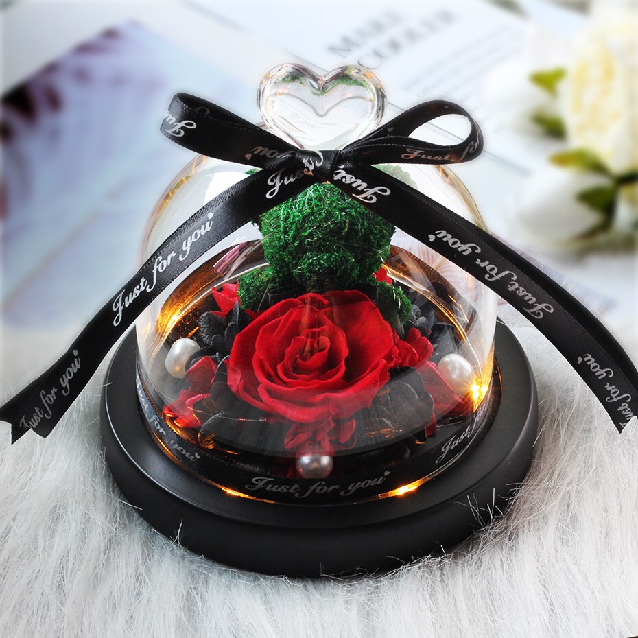 The Beautiful and the Beast Teddy Bear Rose Decor Natural Dried Flowers In Glass Dome LED Mother&#39;s Valentine&#39;s Day Wedding Gift - Executive-Skincare