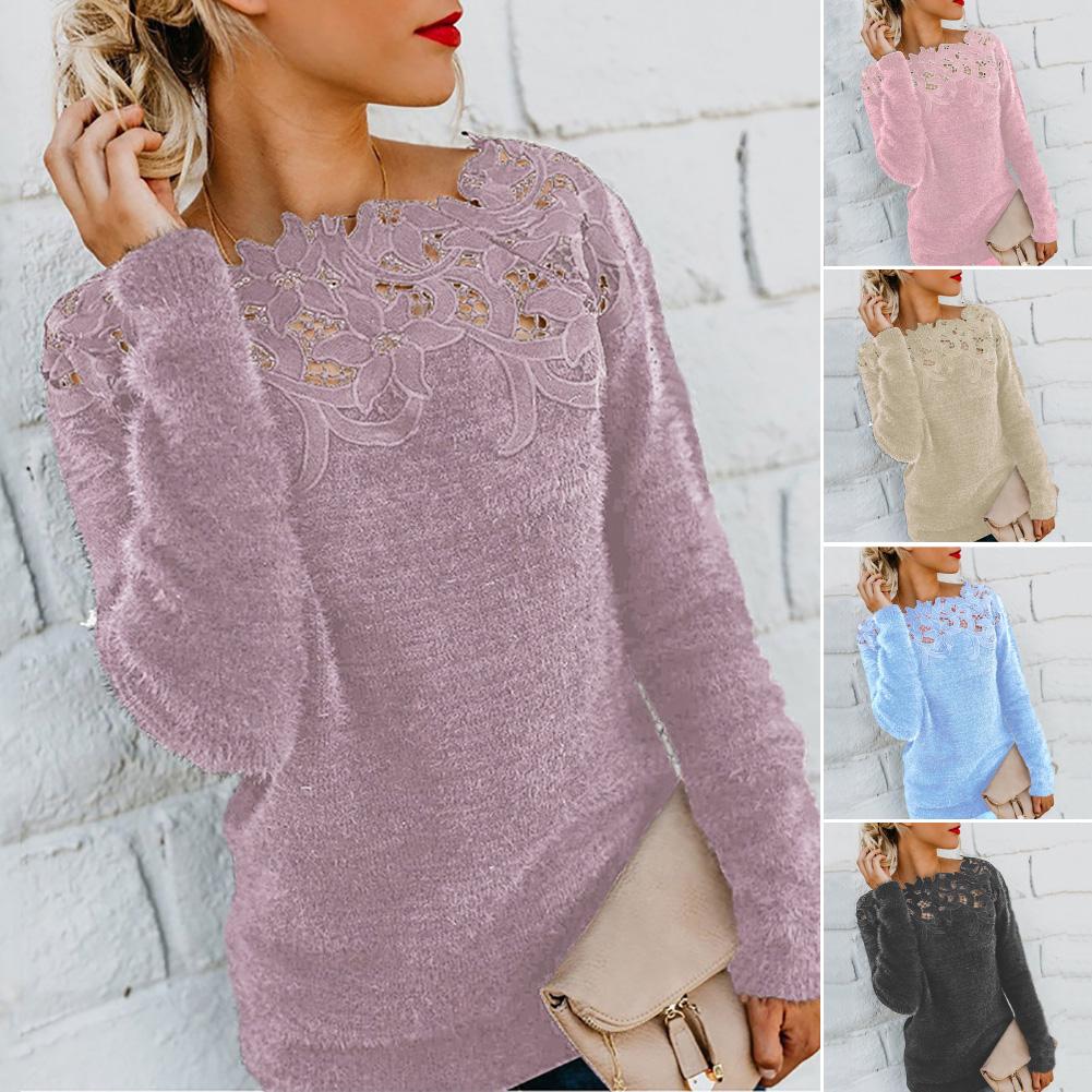 Oversize Winter Sweater Women Solid Color Long Sleeve O Neck Floral Lace Pullover Casual Elegant  Sweater - Executive-Skincare