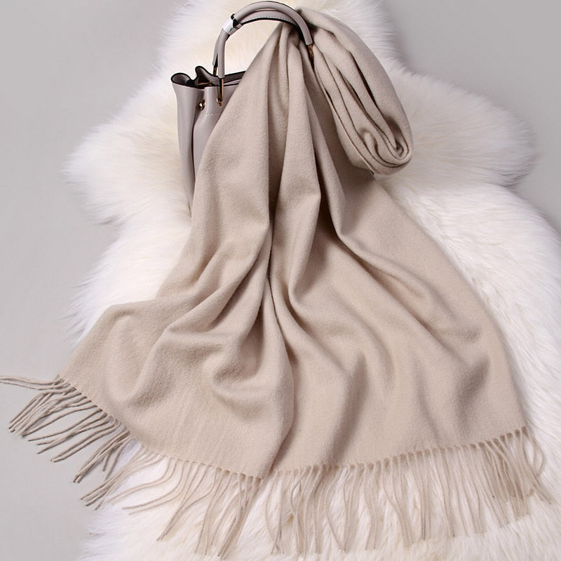 Winter 100% Pure Wool Scarf Neck Warmer Women Echarpe Wrap with Tassel Pashmina Foulard Femme Merino Cashmere Scarves for Ladies - Executive-Skincare