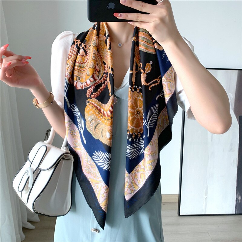 Expensive Brand 2022 New 90x90CM Luxury Lattice Geometric Silk Scarf Women&#39;s Retro F Print Fashion Square Bandana Headscarf Tie - Executive-Skincare