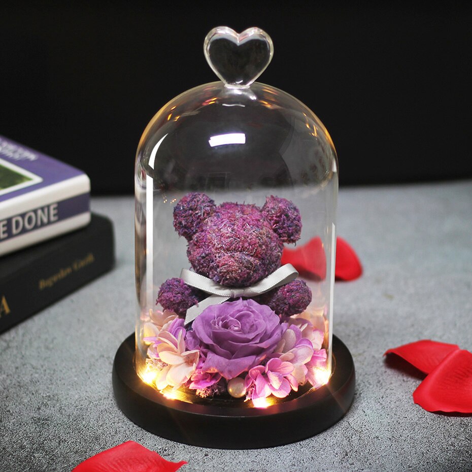 The Beautiful and the Beast Teddy Bear Rose Decor Natural Dried Flowers In Glass Dome LED Mother&#39;s Valentine&#39;s Day Wedding Gift - Executive-Skincare