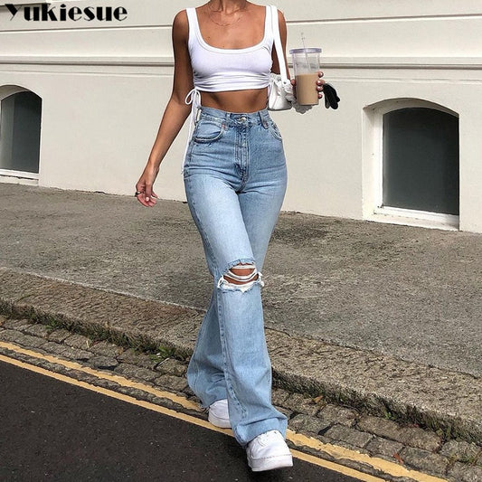 flare Pants Female Women&#39;s Jeans clothes Boyfriend Jeans Women Jeans Pants High Waist Mom Ripped Jeans 2021 Stright Trousers - Executive-Skincare