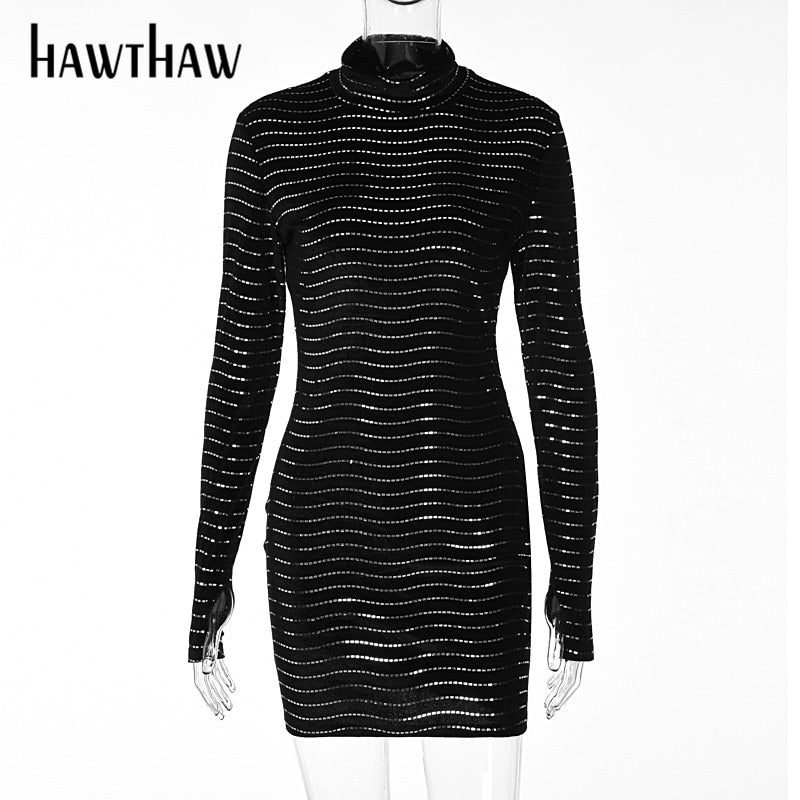 Hawthaw Women Fashion Autumn Winter Long Sleeve Bodycon Party Club Black Sequin Mini Dress 2021 Wholesale Items For Business - Executive-Skincare