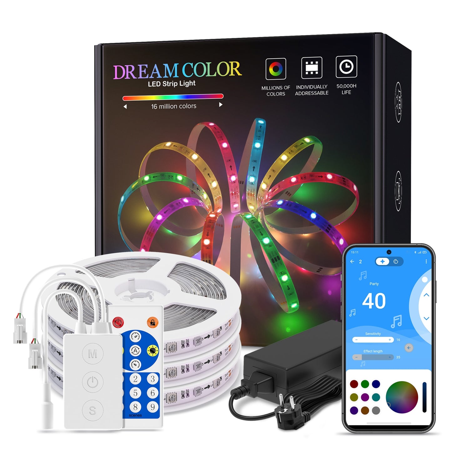 Dreamcolor LED Light Strip Bluetooth Music APP Control WS2811 WS2812B RGBIC Flexible Led Strip Room Bedroom Party Kitchen 5m-20m - Executive-Skincare