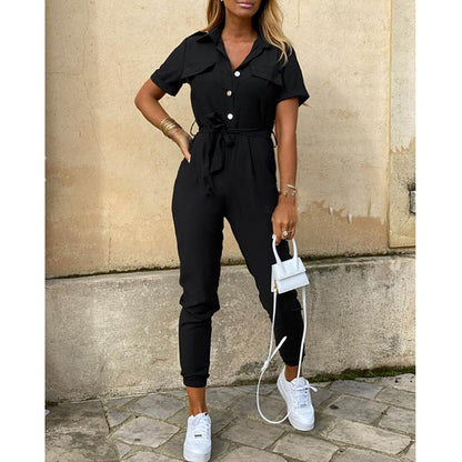 Fashion Women Jumpsuit Solid Color Summer Casual Lapel Printed Belt Work Overalls Ladies New Hot Selling Button Long Jumpsuit - Executive Quality Store