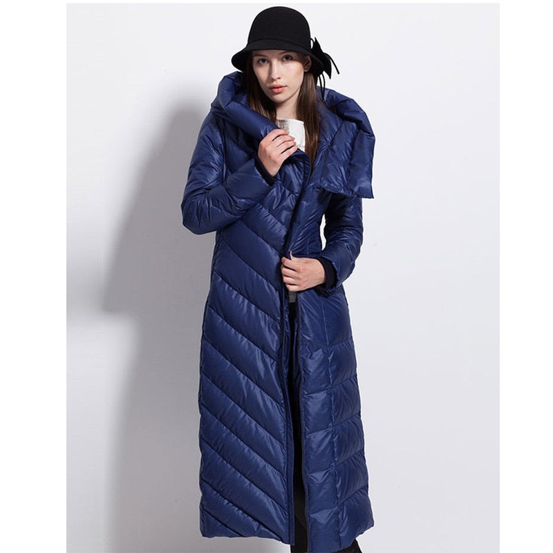 Womens Winter down coat waterproof long  thick  large   hat black dark blue female  jackets - Executive-Skincare